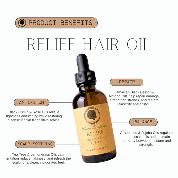 Relief Oil, Organic Scalp Treatment, Soothing Formula for Dry, Itchy, Dandruff-Prone Scalp with Almond, Jojoba, Avocado, Tea Tree and Black Castor Oil