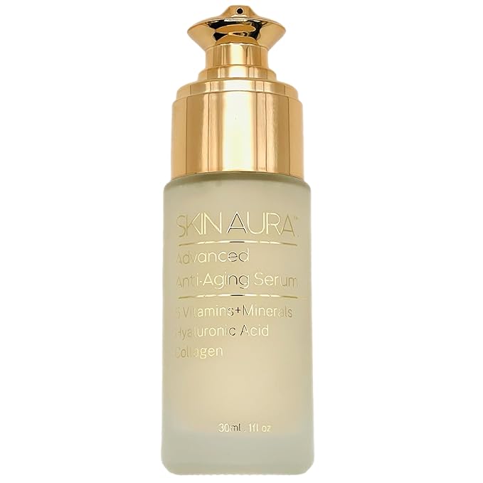 SKIN AURA™ Advanced Anti-Aging Serum - All-In-One Plant Derivative Formula Improves Wrinkles, Fine Lines & Age Spots with 5 Vitamins + Minerals, Hyaluronic Acid & Collagen Peptides - 30ml (1oz)