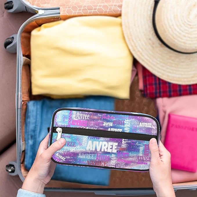 Personalized Travel Cosmetic Bag Waterproof Makeup Bags, Custom Name Purple Blue Galaxy Organizer Case Toiletries Container Bag