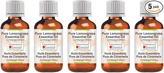 Greenwood Essential Pure Lemongrass Essential Oil (Cymbopogon citratus) Steam Distilled (Pack of Five) 100ml X 5(16.9 oz)