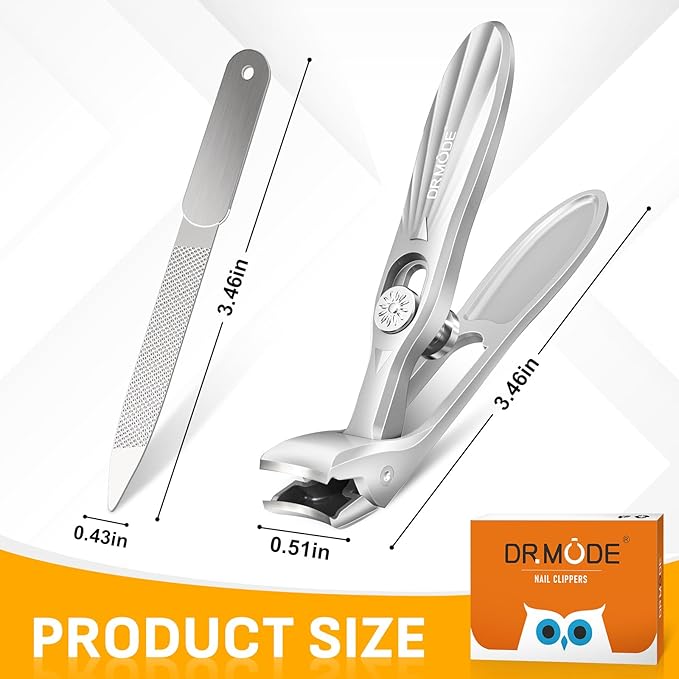 DRMODE Nail Clippers for Men Thick Nails, Angled Head Toe Nail Clippers for Thick Nails for Seniors, Wide Jaw Opening Toenail Clippers Heavy Duty Fingernail Clipper with Catcher Long Handle - Silver