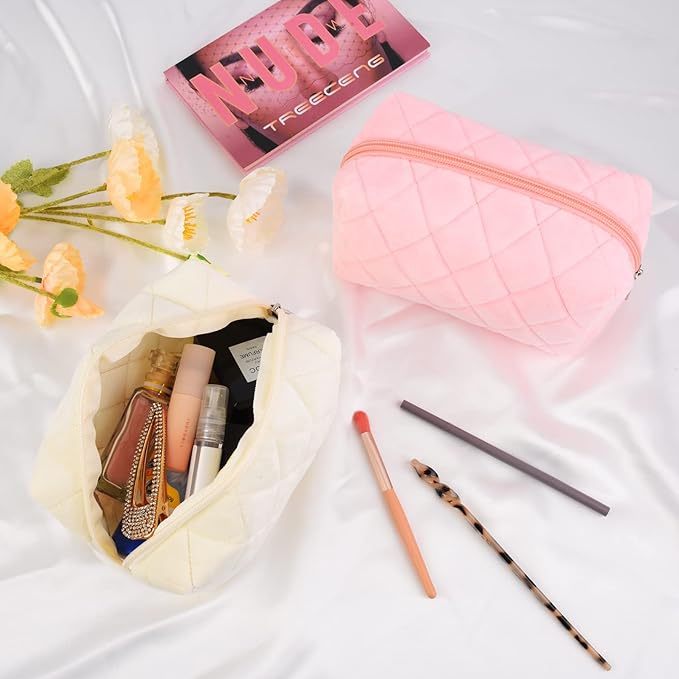 SOIDRAM 2 Pieces Makeup Bag Checkered Cosmetic Bag Plush Pink White Makeup Pouch Travel Toiletry Bag Organizer Cute Makeup Brushes Storage Bag for Women