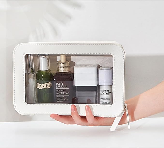 Clear and Waterproof Makeup Bag Portable Travel Cosmetic Case Organizer for Women Toiletry Pouch with Transparent Vinyl Windows & Zippers (White)