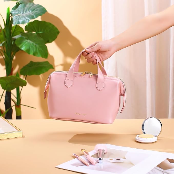 Travel Makeup Bag, Large Wide-open Cosmetic Bag Make Up Organizer Case for Women, Waterproof PU Leather Toiletry Bag Skincare Pouch for Toiletries Accessories Brushes