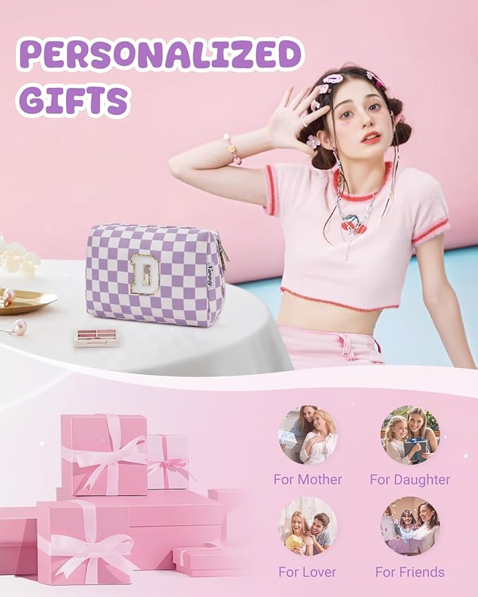 Narwey Birthday Gifts for Women Teen Girls Kids Personalized Initial Makeup Bag Monogram Preppy Cosmetic Bag Trendy Stuff 6 8 10 11 12 13 14 16 18 Years Old Travel Toiletry Bag (Purple Letter D)