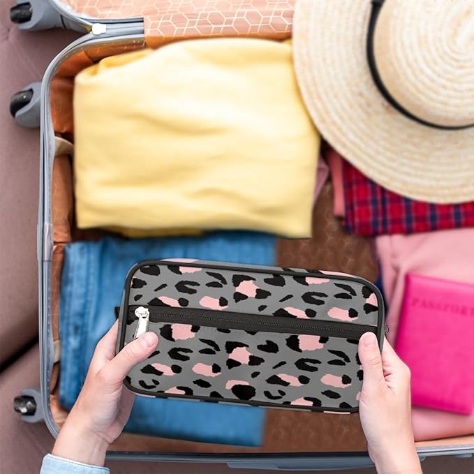Grey Leopard Cheetah Print Travel Toiletry Bag for Women Men Lightweight Cosmetic Makeup Bag Organizer Waterproof Shaving Bag Dopp Kit with Large Capacity for Toiletries and Shaving Accessories