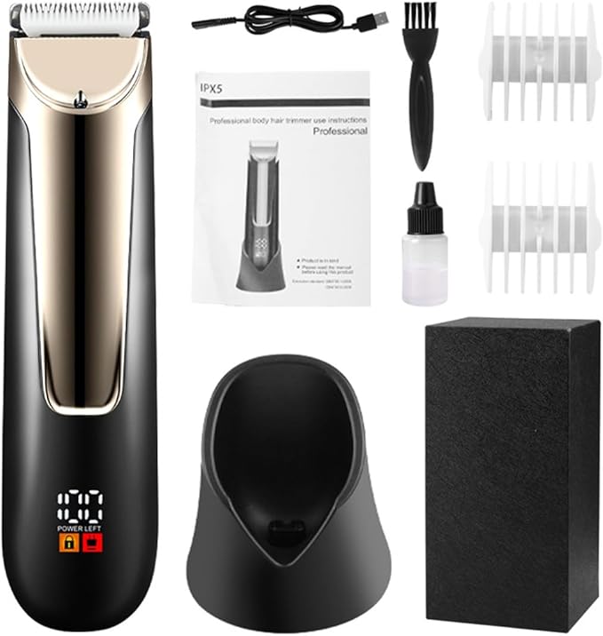 WAIKIL Men's Professional Hair Clipper - Cordless Body Hair Trimmer with Charging Base,LED Display,IPX7 Waterproof,USB Charging,Low Noise Electric Grooming Kit (Black)