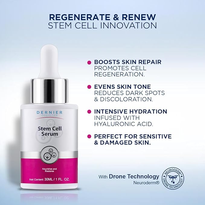 Dernier Stem Cell Serum for Face – 3% Bio Vegan Stem Cells 1% Hyaluronic Acid 0.3% Allantoin | Overnight Hydrating Anti-Aging Moisturizer for Wrinkles Collagen Boost Acne Inflammation (1 fl oz)