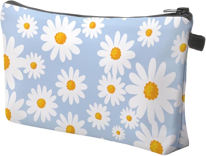 Cute Travel Makeup Bag Cosmetic Bag Small Pouch Gift for Women (Daisy Pale Blue)