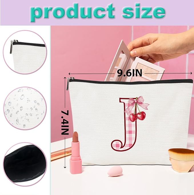 Initial Makeup Bag Monogram Cosmetic Bag Monogrammed Gifts for Women Girls Friends Coworker Nurse Personalized Travel Toiletry Bag Christmas Bridal Shower Wedding Bridesmaid Gifts, Cherry J