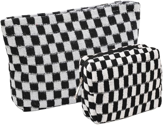 2 Pieces Makeup Bag Set, Small Black Checkered Cosmetic Bag Travel Toiletry Organizer Mini Cosmetic Pouch Case Makeup Brushes Cute Quilted Aesthetic Accessories Storage Bag for Women