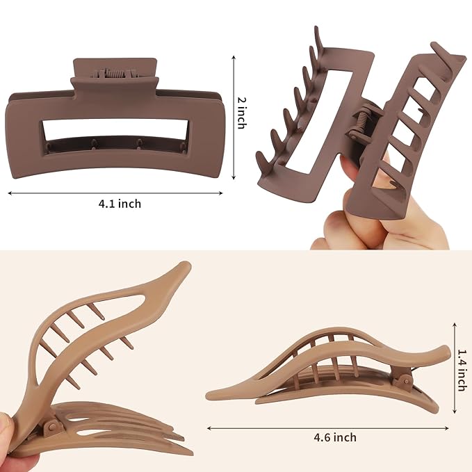 Hair Clips for Women 4.3 Inch Large Hair Claw Clips 8 pcs Square Claw Clips & Flat Hair Clips for Thick or Thin Hair French Concord Hair Barrettes Alligator Hair Accessories for Women (Brown)