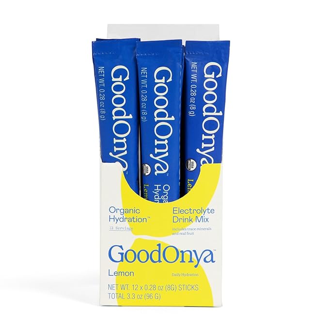 GOODONYA Organic Hydration Electrolyte Drink Mix, Certified Organic Hydration Powder, Non-GMO, Biochecked Glyphosate Free, Low Sugar, Lemonade Flavor, No Artificial Flavors,12 Stick Packs