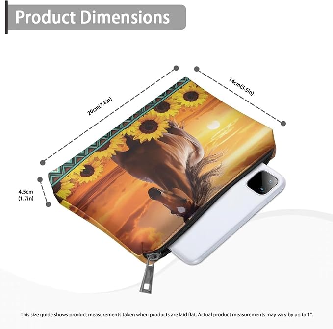 COEQINE Sunflower Western Cosmetic Purses for Women Weddings Western Cosmetic Pouch With Cute Horse And Sunset Print Mini Makeup Bag Travel Wedding Partry Purse With Zipper