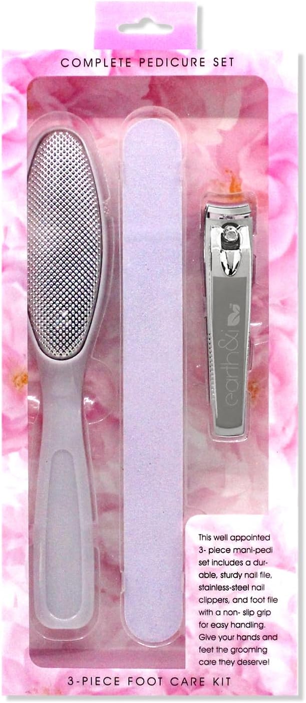 Earth & I -3 pc Manicure Pedicure Set: Large Nail Clipper, Callus Remover & Contour File, Stainless Steel Nail & Foot Care Kit for Men & Women, at Home Mani-Pedi Kit, Travel-Friendly Nail Care (Pink)