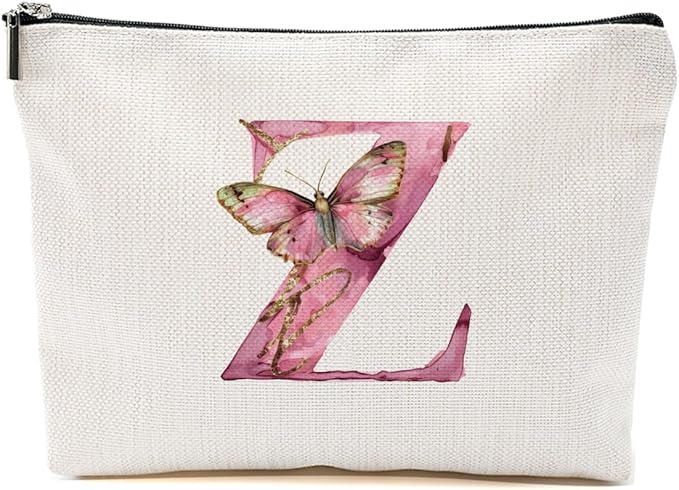 Initial Makeup Bag Pink Butterfly Z Personalized Cosmetic Bag Monogrammed Gifts for Women Girls Her Bridesmaid Monogram Zipper Pouch for Friendship Mothers Day Birthday Wedding Bridal Shower Gifts