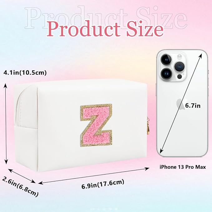 Small Personalized Letter Makeup Bag, Cute PU Leather Chenille Letters Cosmetic Bag Travel Makeup Pouch, Preppy Travel Organizer Zipper Pouch for Women&Girls（WhitePink-Z）