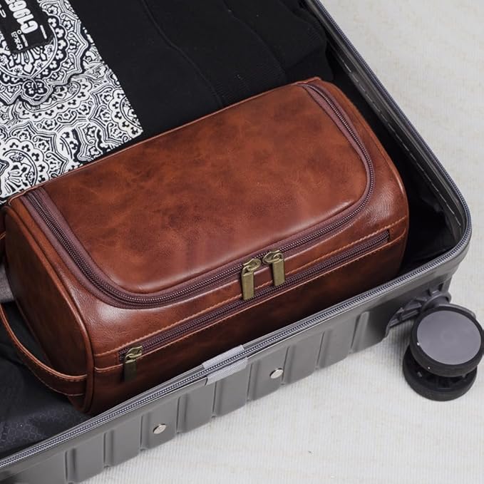 Personalized Embroidery PU Leather Travel Toiletry Bag for Men,Stylish Travel Organizer for Travel, Wedding Gift,Customized Monogram Travel Shaving Dopp Kit for Groomsmen (Brown)
