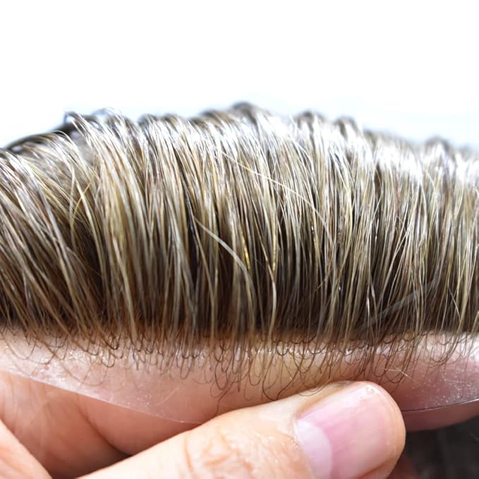 Mens Toupee Human Hair Piece French Lace Toupee for Man Hair System Indian Human Hair Replacement Systems V-Looped PU Front Hairpieces 7"X9" 6# LIGHT BROWN