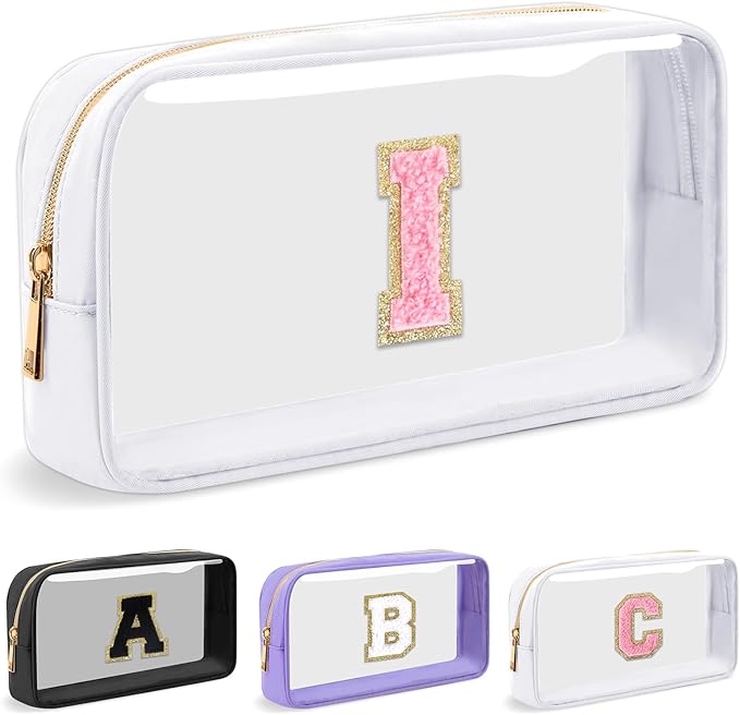 Personalized Initial Letter Clear Makeup Bag,Preppy Small Nylon&PVC Cosmetic Zipper Bag with Chenille Letter,Travel Skincare Toiletry Bag,Monogram Christmas Gift for Teen Girls Women,I