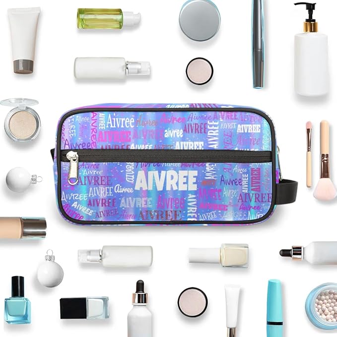 Custom Makeup Toiletry Bag, Personalized Travel Cosmetic Organizer Case Portable Bag with Zipper, Gradient Blue Color Striped Background
