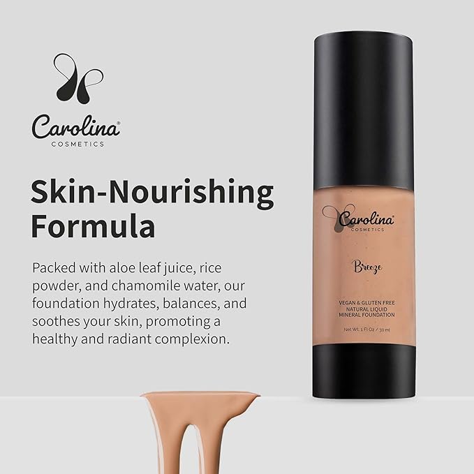 Carolina Cosmetics - Foundation in Breeze Shade Plant-Based - Hydrating, Pore-Minimizing & Buildable Coverage - Vegan, Non-GMO, Paraben-Free - 1oz