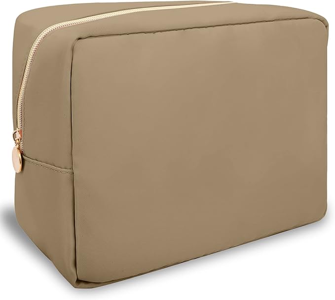 Nylon Large Makeup Bag Travel Pouch for Women, Preppy Big Makeup Bag Cute Cosmetic Zipper Pouch Purse, DIY Chenille Letter Bag Waterproof Toiletry Bag Clutch Make Up Organizer for Women Girls(Khaki)