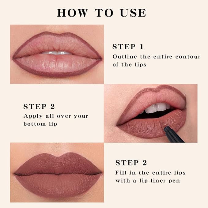 2Pcs Longwear Liquid Lip Liner Stain Marker Pen Set Long Lasting Waterproof, Pink Red Maroon Dusty Mauve Matte 24 Hour Lip Liner and Lipstick Combo, Color Stay Lipliner All Day, Lips Stain peel off