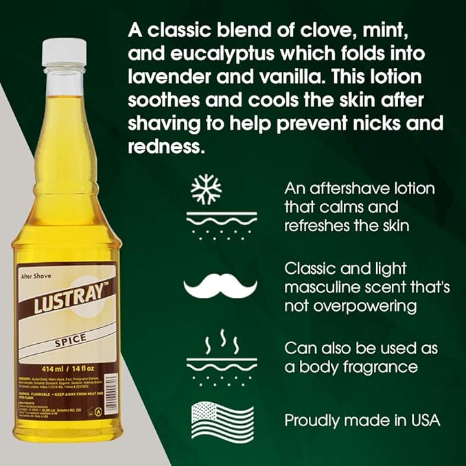 Clubman Lustray Spice After Shave Lotion – Refreshing & Soothing After Shave Lotion for Men, Long-Lasting Scent, Ideal for Sensitive Skin, 14 oz