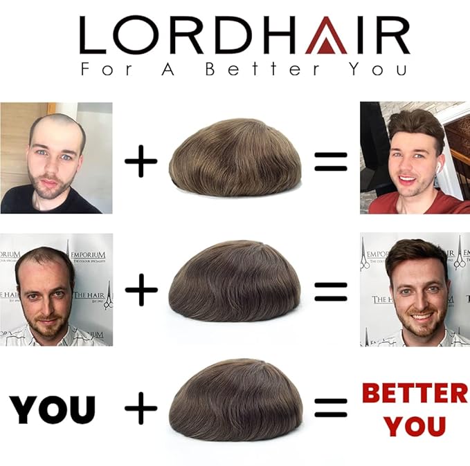 Lordhair Toupee for Men European human hair Full French Lace Hairpieces，Base Size 8x10 inch Hair Replacement System for Men Natural Hairline Human Hair Wig#7Light Brown