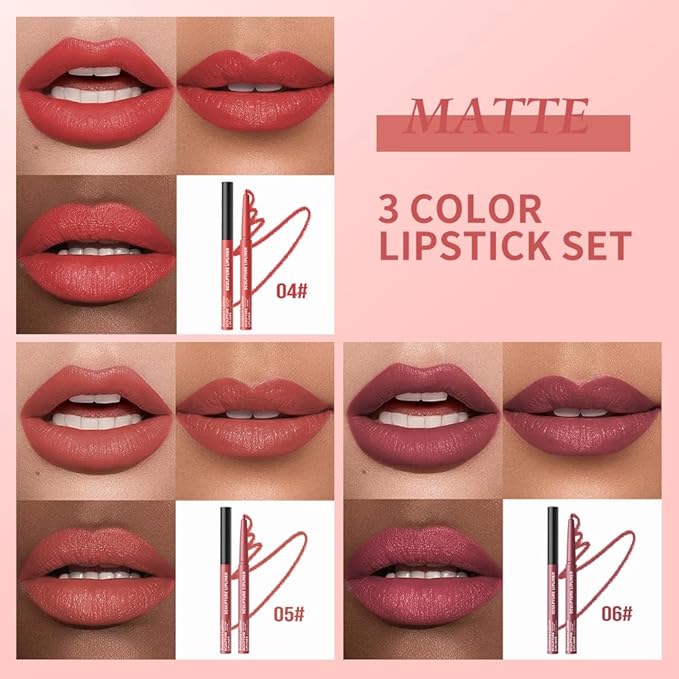 12 Colors Matte Lip Liner Pencil – Long Lasting Waterproof Lip Liner, Smudge Proof Transfer Proof Lip Pencil, High Pigment Lip Makeup for Defining & Filling Lips (A3-set:04+05+06, 3PCS)