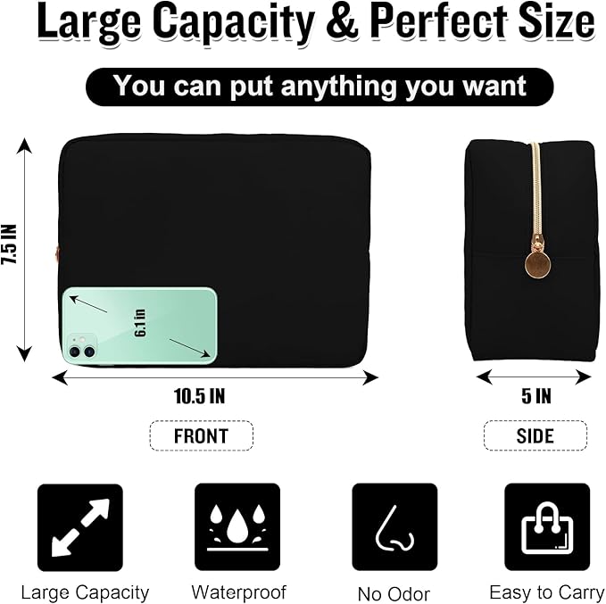 Nylon Large Makeup Bag Travel Pouch for Women, Preppy Big Black Makeup Bag Cute Cosmetic Zipper Pouch Purse, DIY Chenille Letter Bag Waterproof Toiletry Bag Clutch Make Up Organizer for Girls(Black)
