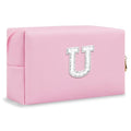 ChaoGreat Bride Gifts – Personalized Initial Makeup Bag with Pearl Rhinestone Patch, Preppy Pink Monogram Cosmetic/Toiletry Pouch, bridesmaid Gifts, Bridal Shower Gifts, Wedding Gifts, Bridal Gifts,U