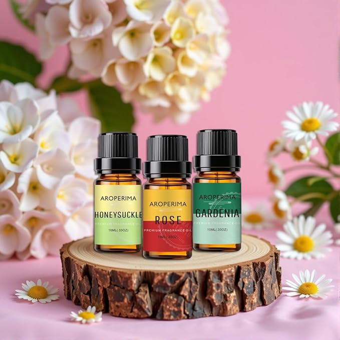 Floral Fragrance Essential Oil Set - Rose, French Vanilla, Gardenia, Honeysuckle, Jasmine, Violet 6x10ML for Diffusers, Aromatherapy, Massage, Perfume, Soap Making and Candle
