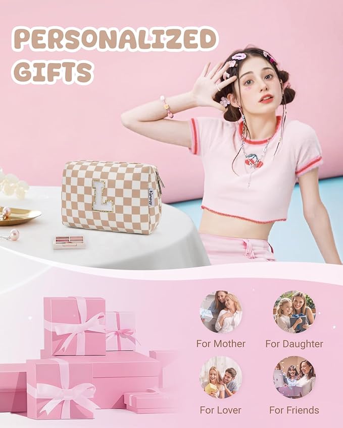 Narwey Birthday Gifts for Women Teen Girls Kids Personalized Initial Checkered Makeup Bag Cute Cosmetic Bag Trendy Stuff 6 8 10 11 12 13 14 16 18 Years Old Travel Toiletry Bag (Brown Checker Letter L)