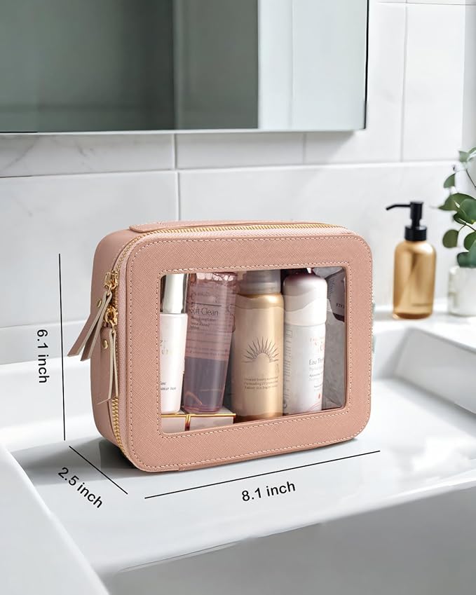 Clear Makeup Bag, Travel Cosmetic Organizer Case Waterproof Skincare Toiletry Bag with Zipper Portable Make Up Pouch Compact Car Organizer Bag for Essentials (Large Dark Pink)