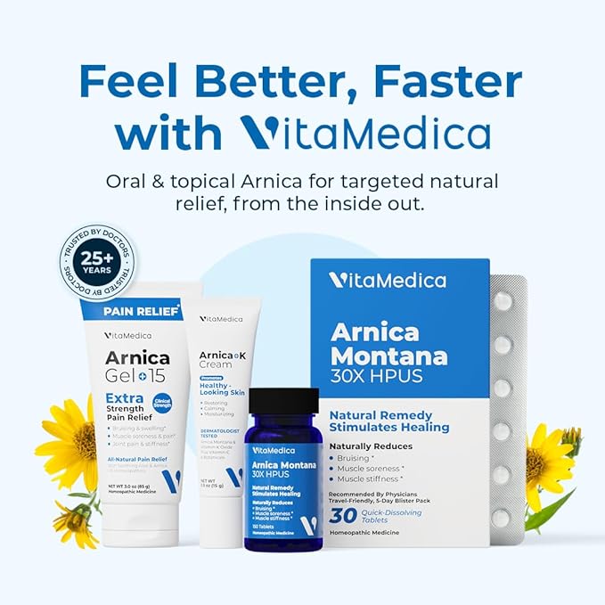 VitaMedica | Arnica Montana 30X & Arnica Cream Bundle | for Bruising, Swelling, Inflammation & Pain Relief | Vitamin K Topical Cream | Softens, Calms, Moisturizes, & Restores Bruised Skin | USA Made