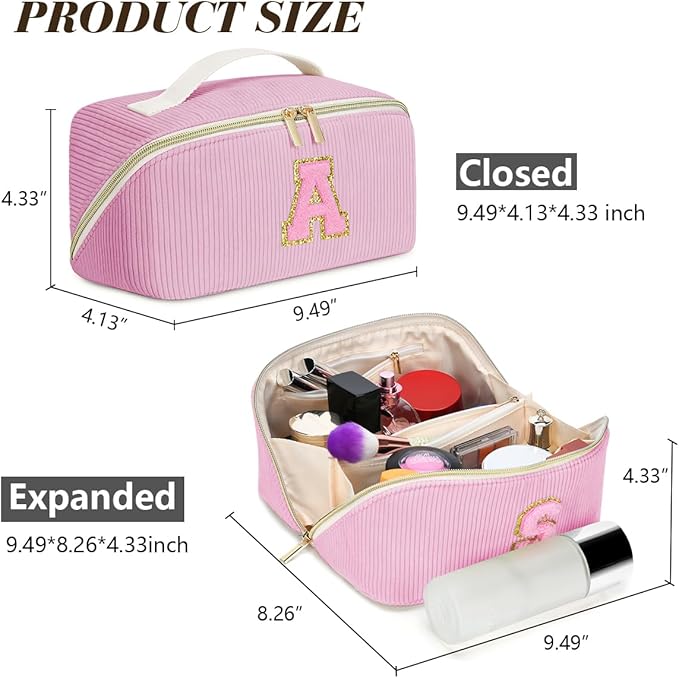 Personalized Initial Makeup Bag,Christmas Gifts for Girl,Preppy Bag Cosmetic Travel Bag Women,Travel Toiletry Organizer,Large Capacity Corduroy Stuff Bag,Cute Cosmetic Pouch Skincare Bag-T