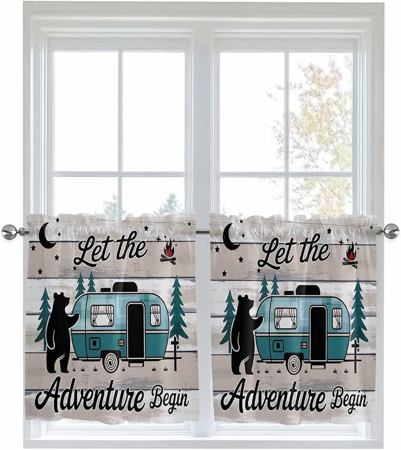 Farmhouse Bear Camper Van Tree Window Valance Curtains, Vintage Wood Grain - Image 9