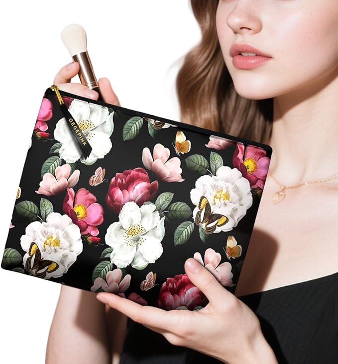 Cute Makeup Bag for Purse Waterproof Cosmetic Bags for Women Funny Smooth Zipper Travel Toiletry Pouch 10X8 Inches-Black Floral Makeup pouch