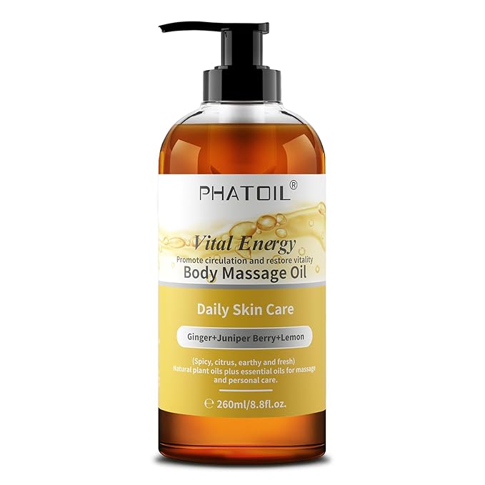 PHATOIL Ginger Oil Ginger Body Massage Oil for Gua Sha, with Lemon,Juniper Berry, 260ML Large Bottle Warming Body Oil for Spa, Lymphatic Drainage, Muscle(8.8oz)