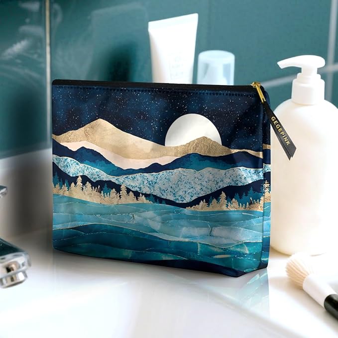 Cute Makeup Bag for Purse Waterproof Cosmetic Bags for Women Funny Smooth Zipper Travel Toiletry Pouch 10X8 Inches-Blue Mountain Moon Lake Makeup pouch