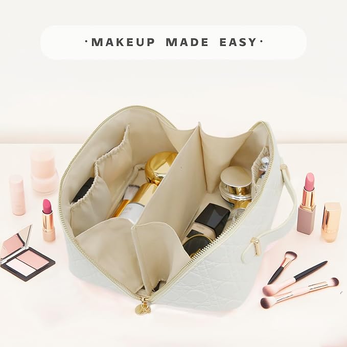 Travel Makeup Bag – Large Cosmetic Organizer with Waterproof PU Leather, Smooth Double Zipper & Tear-Resistant Lining, Toiletry Pouch for Women (White)