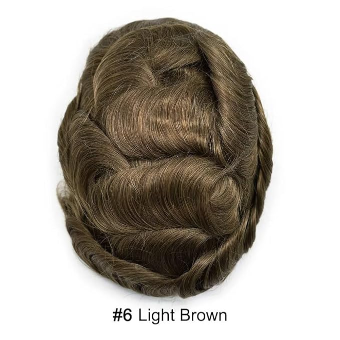 FACE MIRACLE Toupee for Men Lace Center Mens Toupee Hairpiece for Man Human Hair Replacement System Lace Center with Poly around Hair Units Mens Wig Hair Prosthesis 6"X8" 6# LIGHT BROWN
