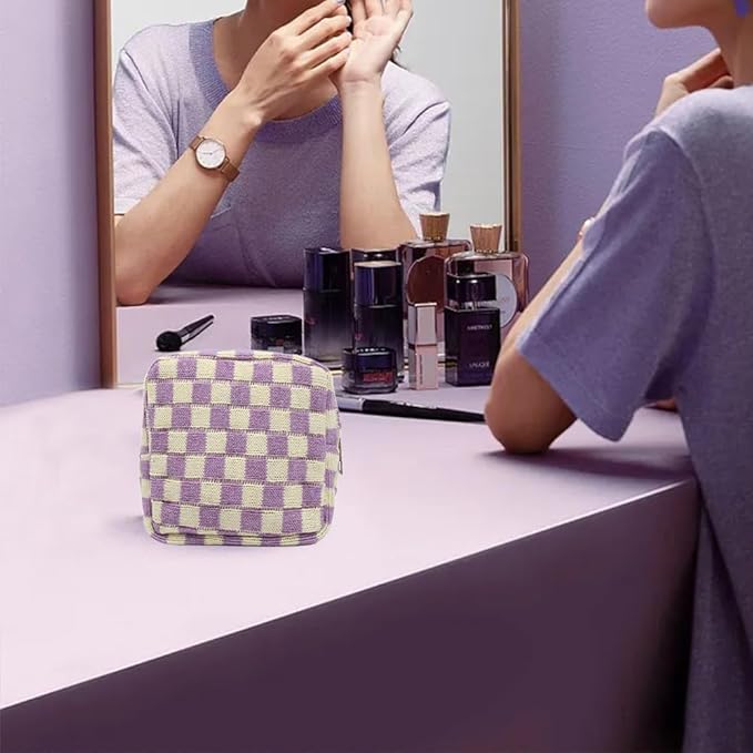 Small Purple Makeup Bag for Purse, Mini Checkered Cosmetic Bag Zipper Cute Make Up Pouch Travel Toiletry Bag Quilted Aesthetic Accessories Makeup Storage Bag Organizer for Women Girls
