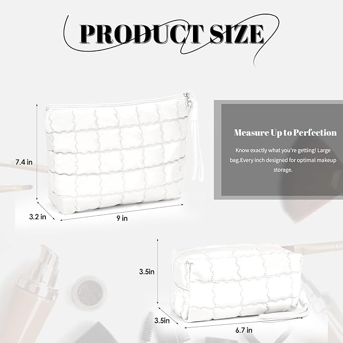 Richeart Makeup Bag Travel Toiletry Bag - Checkered Down Cotton Makeup Pouch for Women with Cosmetic and Pencil, Aesthetic White Design, Small