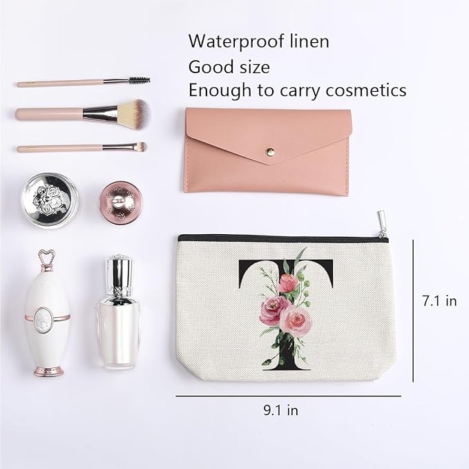 Initial Makeup Bag, Personalized Gifts for Women, Bridesmaid Gifts, Birthday Gifts for Women Mom, Gifts for Best Friend, Bride Bridesmaid Cosmetic bag (Letter T)