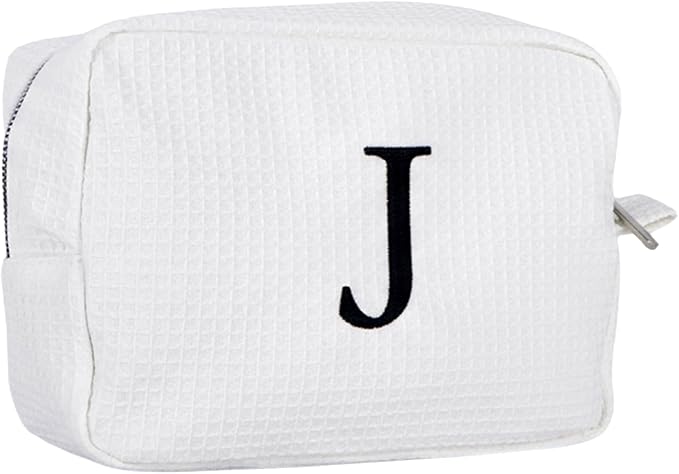 Personalized White Waffle Makeup Bag,Custom Embroidered Initial Cosmetic Pouch for Women,Monogrammed Cosmetic Case,Bridesmaid Gifts (J)