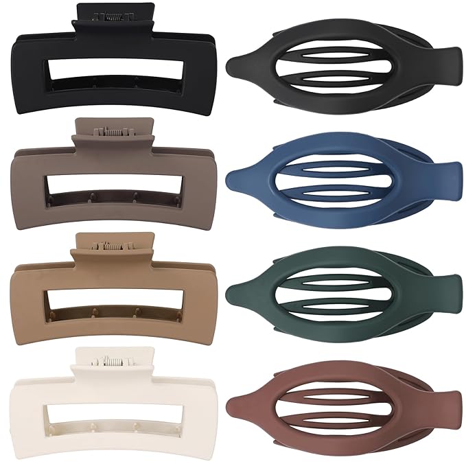 Hair Clips for Women 4.3 Inch Large Hair Claw Clips 8 pcs Square Claw Clips & Flat Hair Clips for Thick or Thin Hair French Concord Hair Barrettes Alligator Hair Accessories for Women (Dark Colorful)