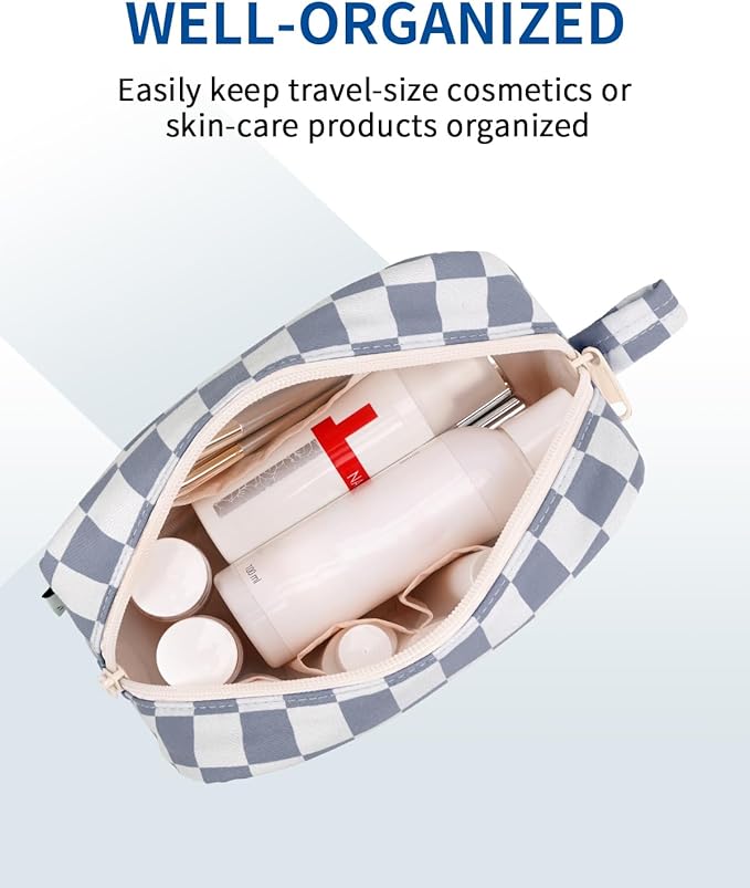 Narwey Small Checkered Makeup Bag for Purse Travel Makeup Pouch Mini Cosmetic Bag Zipper Pouch for Women (Grayish Blue Checkerboard, Small)
